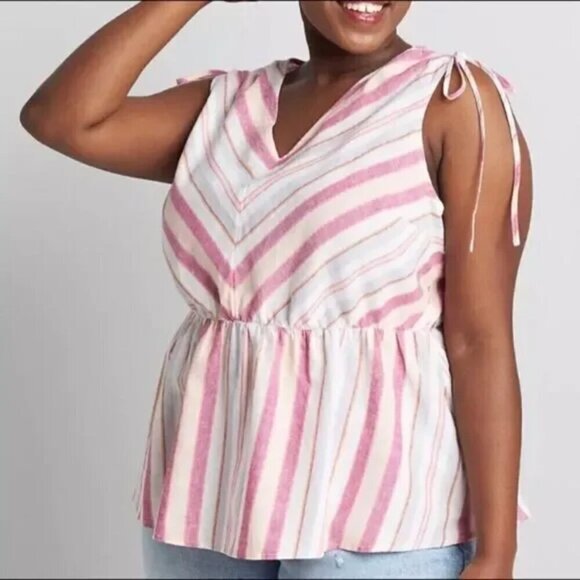 Lane Bryant Plus Size 22/24 Striped Peplum Linen Blend Beachy Coastal Top - Picture 1 of 8